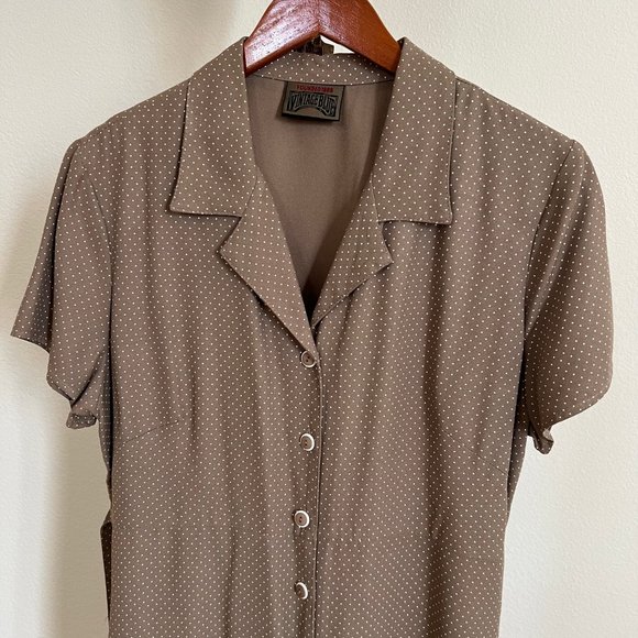Vintage Blue Women's Size L Dusty Rose Polka Dot Collared Tie Waist Midi Dress - Picture 5 of 11